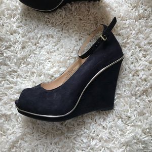 Black and gold peep toe wedge heels